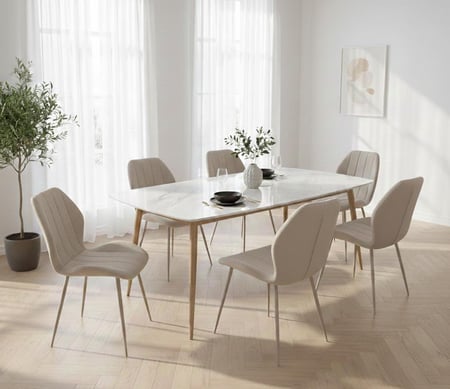طاولة طعام بديل رخام بيج مودرن - 7 قطع 6 كراسي + طاولة - مقاس 150*90*75 سم