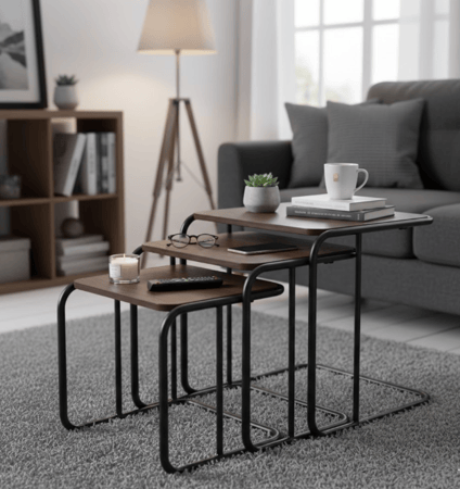 طقم طاولات خدمة بني غامق 3 قطع - تصميم متداخل موفر للمساحة - 3 قطع