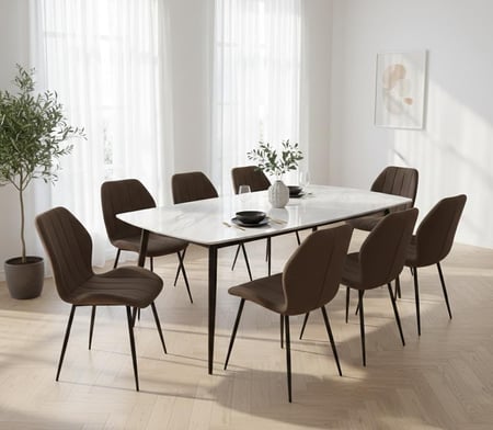 طاولة طعام سطح بديل رخام بني 9 قطع - مقاس كبير 150x90x75 سم - جودة عالية وتصميم أنيق