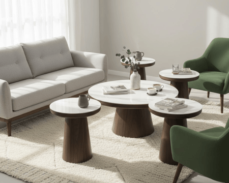 طقم طاولات قهوة بني بسطح سيراميك - 5 قطع  - خشب ماليزي بتصميم ملكي