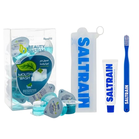 مجموعة العناية بالفم للسفر والعمل محمولة - (معجون + فرشاة + غسول فم)