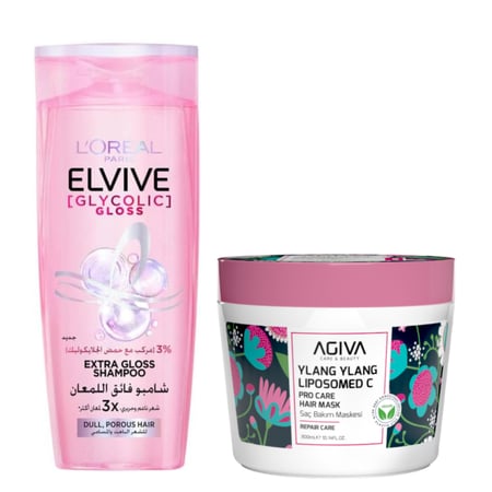 مجموعة شامبو وماسك لإعادة اللمعان وعلاج الشعر الباهت والتالف