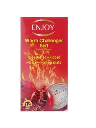 واقي ذكري 5 في 1 حار ومنقط ومضلع ومؤخر بنكهة الرمان من إنجوي - 12 قطعة