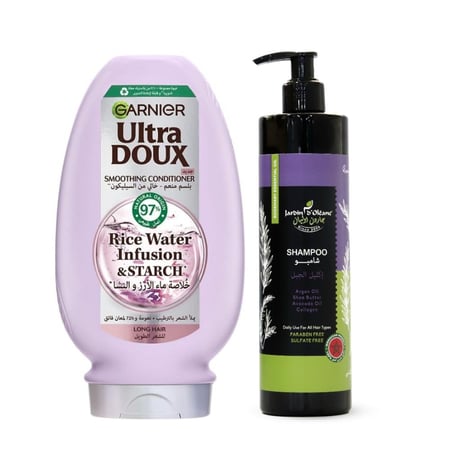 مجموعة شامبو وبلسم لتقوية الجذور وتنعيم الأطراف بماء الارز و اكليل الجبل
