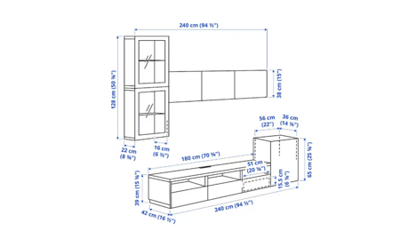 وحدة تخزين تلفزيون IKEA BESTÅ 300×42×211 سم أبيض وبيج بأبواب زجاجية