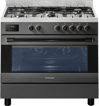 فرن غاز توشيبا 6090 ستانلس ستيل أسود 5 شعلات مروحتين وشاشة رقمية