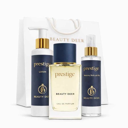 مجموعة برستيج الفاخرة من دير بيوتي تشمل عطر Prestige ولوشن ومعطر للجسم