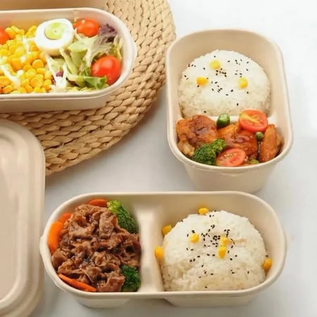 علبة طعام صحي مستطيلة للوجبات من قصب السكر بغطاء شفاف 1000 مل - أقسام متعددة ( 50 حبة )