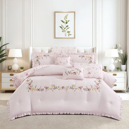 طقم لحاف فلاور FLOWER مطرز وجهين فاخر 8 قطع