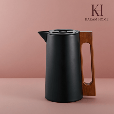 ترمس ستانليس ستيل اسود بحامل خشبي حجم كبير