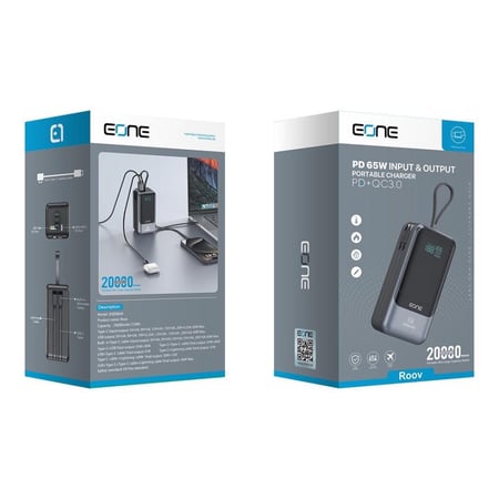 باور بانك Roov من EONE بسعة هائلة 20000 مللي أمبير وقدرة شحن تصل إلى 65 واط. بفضل تقنيات PD وQC3.0