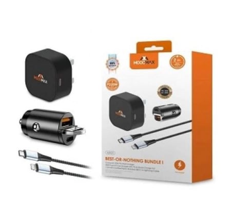 بكج شحن PD سريع 3 في 1 راس شاحن جداري, شاحن للسيارة, كيبل ايفون معتمد من موج ماكس