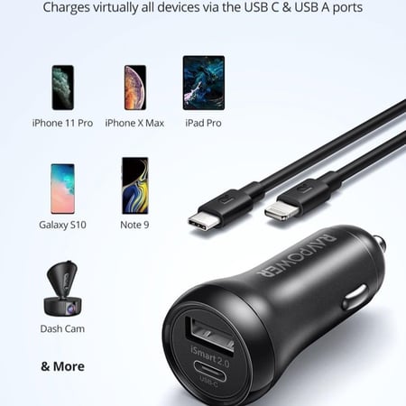 شاحن سيارة بمنفذي USB+PD مع كيبل ايفون تاب سي 36 واط - راف باور