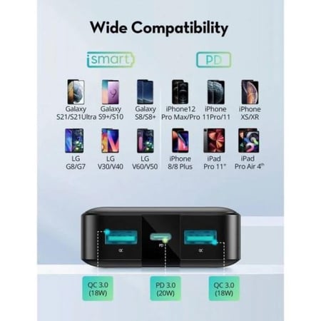 راف باور باور بنك بسعة 20000 مللي أمبير بقوة 20 واط 3 منافذ - أسود