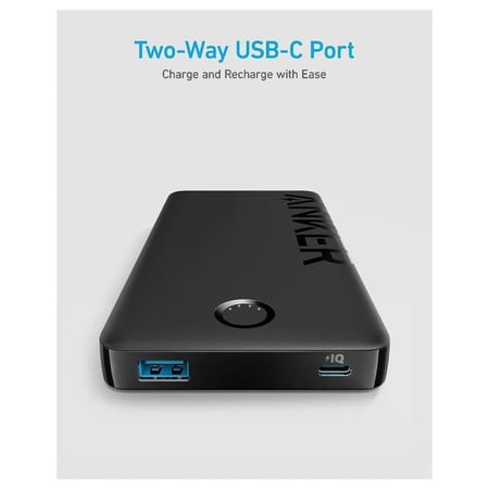 شاحن متنقل انكر 10000 ملي امبير 15واط بمنفذين USB , PD- اسود