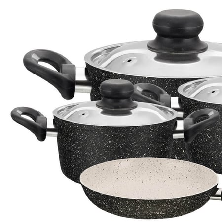 طقم قدور الجرانيت الأمل 15 قطعة لون أسود يد سوداء