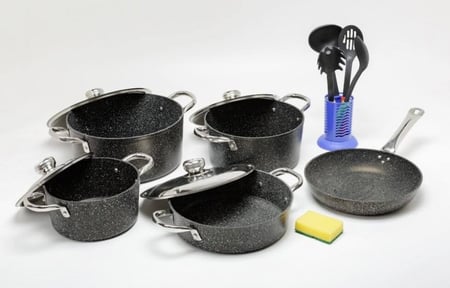 طقم قدور الجرانيت الأمل 15 قطعة لون أسود يد فضي