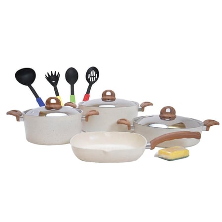 طقم قدور جرانيت الامل 13 قطعة لون بيج يد خشبي