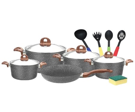 افضل قدور جرانيت الأمل طقم 15 قطعة لون رمادي يد خشبي