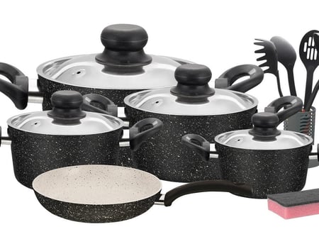 طقم قدور الجرانيت الأمل 15 قطعة لون أسود يد سوداء