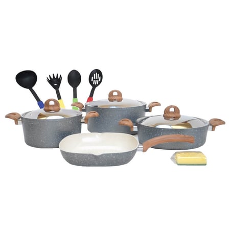طقم قدور جرانيت الأمل 13 قطعة رمادي يد خشبي