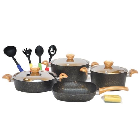 طقم قدور الجرانيت الأمل 13 قطعة لون أسود يد ذهبي