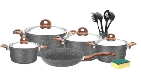 افضل قدور جرانيت الأمل طقم 15 قطعة لون رمادي يد خشبي