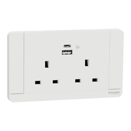 فيش كهرباء شنايدر AvatarOn مزدوج ثلاثي مع مفتاح – 13 أمبير + مخرج USB + مخرج Type-C –أبيض / رمادي داكن / ذهبي | Green Home