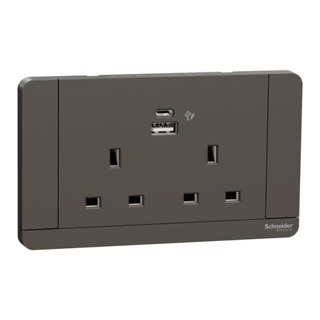 فيش كهرباء شنايدر AvatarOn مزدوج ثلاثي مع مفتاح – 13 أمبير + مخرج USB + مخرج Type-C –أبيض / رمادي داكن / ذهبي | Green Home