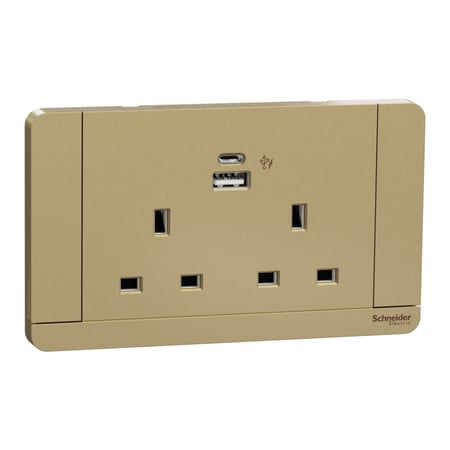 فيش كهرباء شنايدر AvatarOn مزدوج ثلاثي مع مفتاح – 13 أمبير + مخرج USB + مخرج Type-C –أبيض / رمادي داكن / ذهبي | Green Home