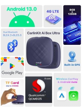 كار بلاي Carlinkit AI Box Max – حوّل سيارتك لسمارت بنظام أندرويد 13 | كار بلاي وأندرويد أوتو لاسلكي | 8 نواة | 8GB+128GB | GPS ويوتيوب وخرائط ودعم Google Play