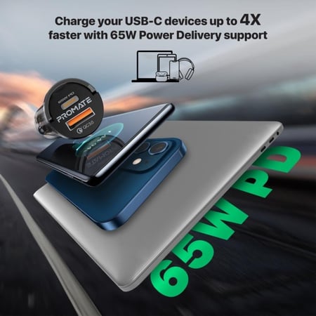 شاحن سيارة فعّال بتصميم شفاف يتميز بمنفذ USB-C بقوة 65 واط بالإضافة إلى منفذ شحن سريع QC 3.0 بقوة 18 واط للأجهزة المتوافقة مع تصميم صغير الحجم وسهل الحمل - Promate TransDrive-65W