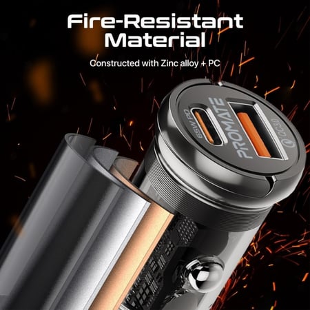 شاحن سيارة فعّال بتصميم شفاف يتميز بمنفذ USB-C بقوة 65 واط بالإضافة إلى منفذ شحن سريع QC 3.0 بقوة 18 واط للأجهزة المتوافقة مع تصميم صغير الحجم وسهل الحمل - Promate TransDrive-65W