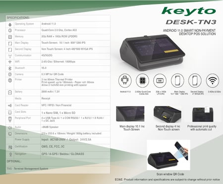 كاشير نظام اندرويد شاشة لمس KT-DESK-TN3 – Keyto Cashier مع طابعة مدمجة