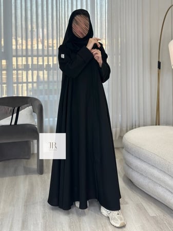 عباية الكلوش كتان سادة كم ضيق - اسود