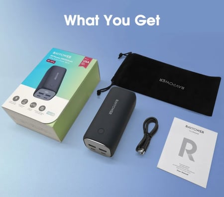 / بطارية متنقلة راف باور بقوة 70 واط بسعة 20000 ملي امبير منفذين تايب سي ومنفذين USB-A - اسود