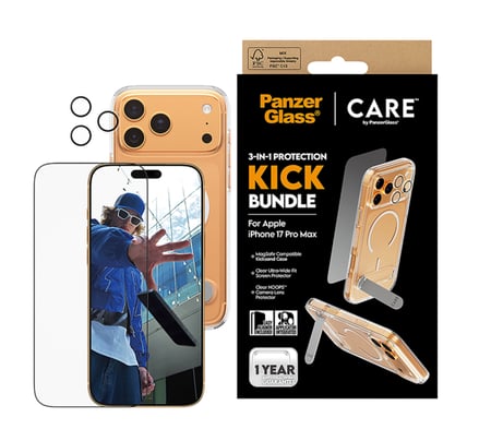 بكج حماية بانزر جلاس CARE يدعم MagSafe وحامل مميز 3 في 1 ايفون 17  - شفاف