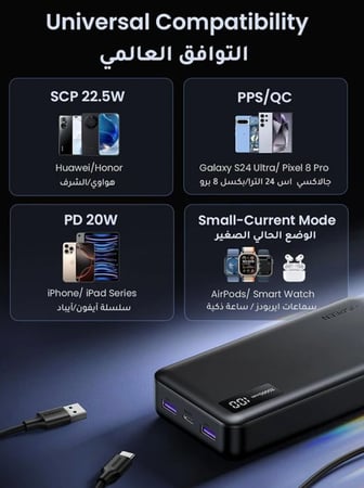 = شاحن متنقل يوجرين بمنفذ USB-C ومنفذين USB بقوة 22.5 واط وبسعة 20000 مللي أمبير - أسود