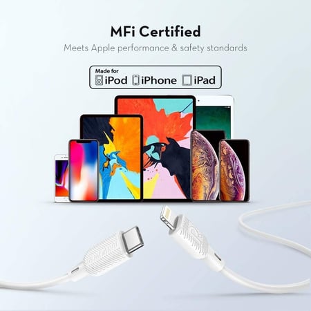 - كيبل ايفون تايب سي لايتنينق 1متر منقوش من راف باور - ابيض