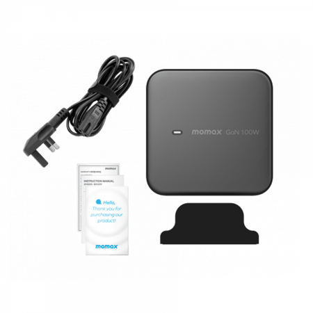 -- شاحن مكتبي موماكس بتقنية الجان بمنفذين USB-C ومنفذين USB بقوة 100 واط - أسود