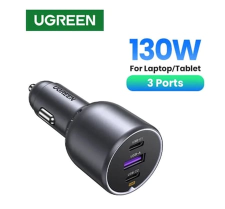 = شاحن سيارة يوجرين بمنفذين USB-C وبمنفذ USB بقوة 130 واط - رمادي داكن