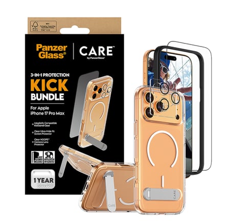 بكج حماية بانزر جلاس CARE يدعم MagSafe وحامل مميز 3 في 1 ايفون 17  - شفاف
