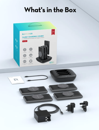 منصة راف باور 4 بطاريات بسعة 10000 ملي امبير شحن وايرلس ماج سيف و منفذين USB-A ومنفذ تايب سي ومنفذ مايكرو - اسود