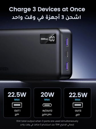 = شاحن متنقل يوجرين بمنفذ USB-C ومنفذين USB بقوة 22.5 واط وبسعة 20000 مللي أمبير - أسود