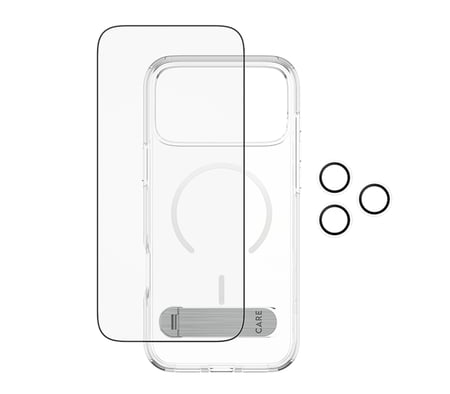 بكج حماية بانزر جلاس CARE يدعم MagSafe وحامل مميز 3 في 1 ايفون 17  - شفاف