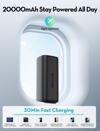 بطارية متنقلة راف باور الترا بقوة 100 واط وبسعة 20000 ملي امبير بمنفذين تايب سي ومنفذين يو اس بي مع شاشة عرض - اسود