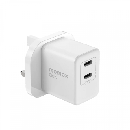 -- شاحن جداري موماكس ميني بتقنية الجان سريع الشحن بمفنذين USB-C وبقوة 35 واط - أبيض