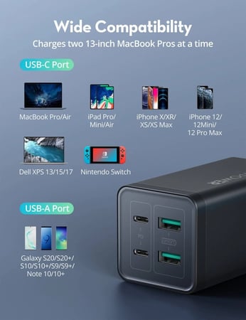 / منصة شحن راف باور بقوة 120 واط بمنفذين USB ومنفذين تايب سي مع كيبل تايب سي تايب سي