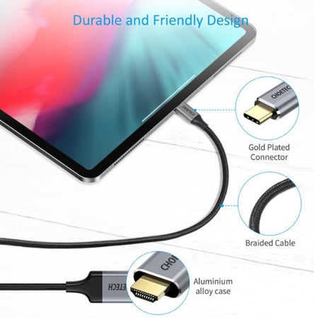 = سلك تشويتيك قماشي من USB-C الى HDMI بطول 1.8م وبدقة وضوح 4k - اسود