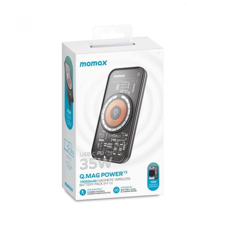 -- شاحن متنقل موماكس مغناطيسي بتقنية كيو ماج بسعة 10000 ملي امبير بقوة 15 واط ومنفذ USB-C بقوة 35 واط - رمادي